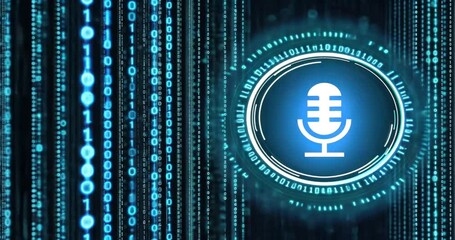 Digital blue background with binary code and central microphone icon, symbolizing podcast revenue, technology elements, podcast monetization