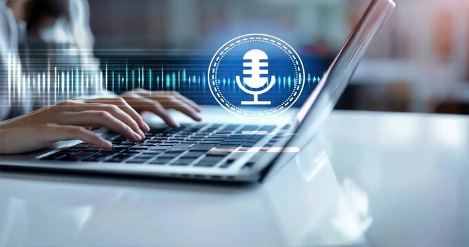 Woman typing on laptop with sound waves and microphone icon, representing income generation from podcasts, modern workspace, podcast monetization