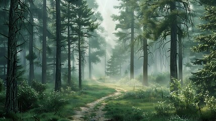 Fototapeta premium Foggy morning in the pine forest