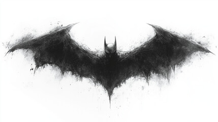 Obraz premium This striking illustration captures the silhouette of a bat with its large wings fully extended, creating a powerful visual against a clean white backdrop, evoking a sense of mystery.