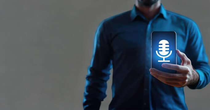 Man holding smartphone displaying voice search icon, illustrating podcast revenue methods, digital device use, podcast monetization