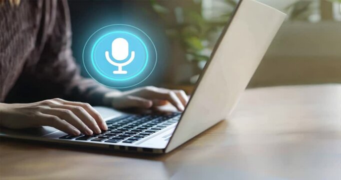 Person typing on laptop with floating AI voice search interface, symbolizing automated podcast revenue, tech integration, podcast monetization