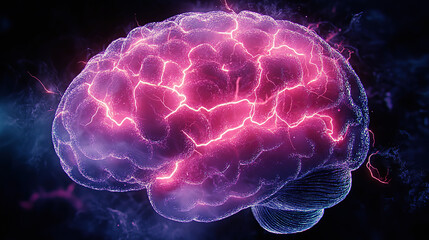 A detailed human brain with vibrant pink and purple electric sparks lighting up the neural network