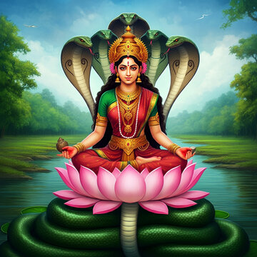 Goddess Manasa Devi seated on a lotus with a cobra hood, symbolizing protection, fertility, and prosperity, revered as the goddess of snakes in Hindu culture