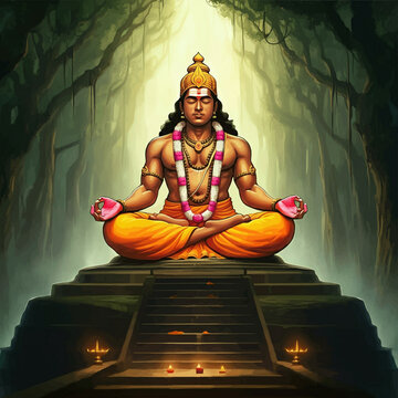 Depiction of Lord Ayyappa in a meditative pose, embodying discipline, devotion, and spiritual strength. Revered in South India, especially at the Sabarimala Temple in Kerala