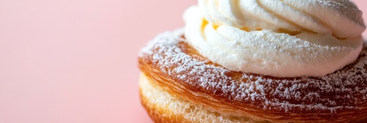 Minimalist flat lay of french saint honoré pastry against pink backdrop for spring inspiration