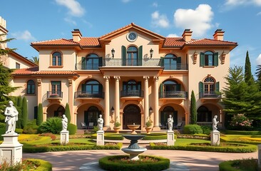 Grand Mansion with Statues and Fountain,