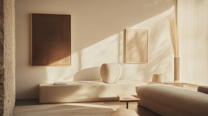 Minimalist living room with beige furniture, natural light streaming through window, and two empty frames on the wall.