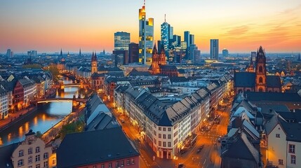 Naklejka premium A panoramic view of the Frankfurt skyline at sunset, with the Main river flowing through the city and the historic buildings of the Altstadt in the foreground.