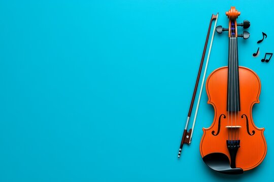 Colorful 2D illustration of a violin and bow with musical notes on a plain white background