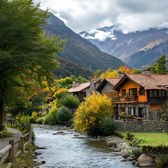 Fototapeta premium Tranquil River Scene with Colorful Houses and Majestic Mountains Amidst Vibrant Autumn Foliage in a Peaceful Rural Setting