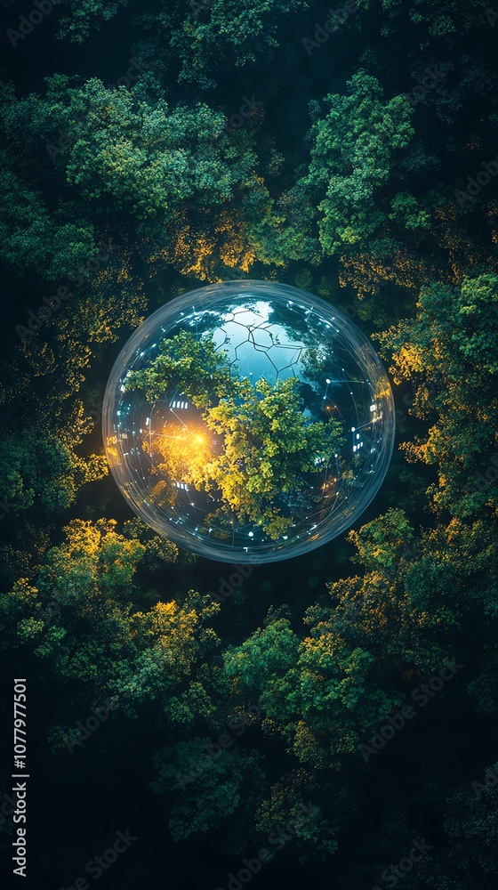Poster a clear glass sphere reflecting the surrounding foliage, creating a mesmerizing optical illusion.