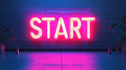 Start Retro Neon Sign on Trendy Background. AI Generative