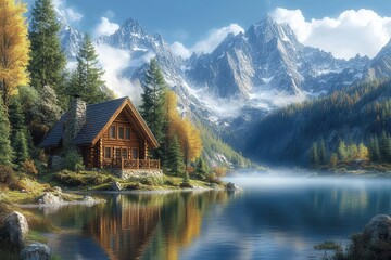 Fototapeta premium wood cabin nestled by a serene lake surrounded by towering trees and majestic mountains reflecting the essence of tranquility and natural beauty in a picturesque landscape