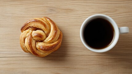 Fototapeta premium Minimalist flat lay of swedish fika with coffee and pastry on wooden surface