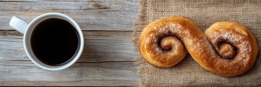 Minimalist flat lay of swedish fika with coffee and spiral pastry on rustic background