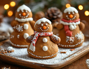 Gingerbread with icing in the shape of a snowman. festive Christmas and New Year food.