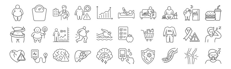 Obesity Health Risks line icon set. Vector pictograms of BMI chart, body weighing scale, diabetes, cholesterol problems, high blood pressure, fast food, mental health thin linear illustration.