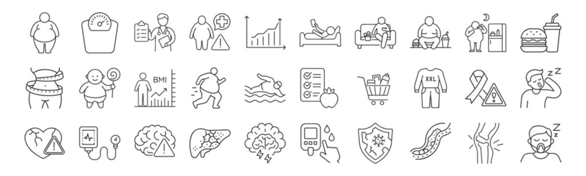 Obesity Health Risks line icon set. Vector pictograms of BMI chart, body weighing scale, diabetes, cholesterol problems, high blood pressure, fast food, mental health thin linear illustration.