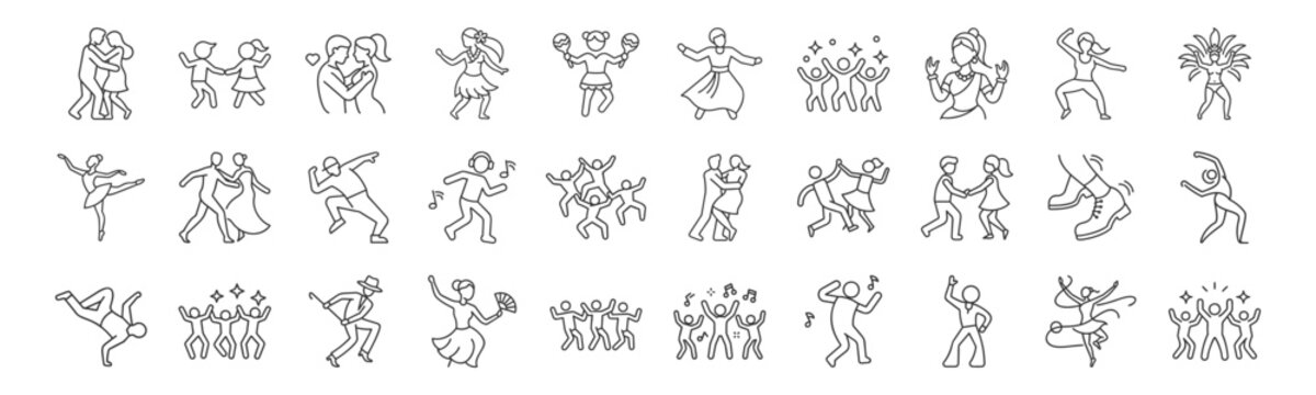 Dance line icon set. Vector pictograms of various people dancing styles - ballet, salsa, hip-hop, traditional folk, tango, jazz, samba, flamenco, disco freestyle thin linear illustration.