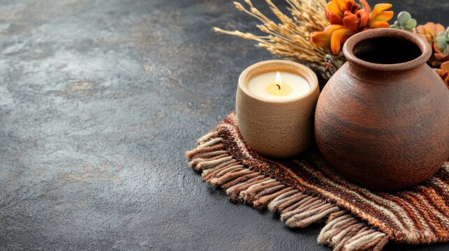 Minimalist flat lay with rustic pottery and candle for peruvian celebration of virgen de la candelaria