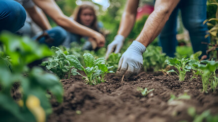 A group of volunteers planting tree seedlings. Environment concept background. Green Growth