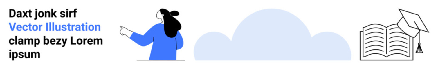 Woman pointing upwards, large cloud, open book with graduation cap. Ideal for educational platforms, digital learning, e-learning promotions, online courses, academic websites, university banners