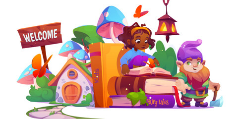 Girl reading open tale book near magical mushroom house and friendly gnome, Welcome sign, glowing lantern and butterflies. Enchanted fairy lush greenery. Children imaginary magical literary journey.