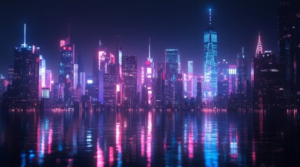 Naklejka premium New York City skyline at night with illuminated skyscrapers