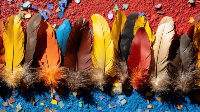 Paraguayan kamba festival flat lay with colorful feathers and confetti for cultural celebration
