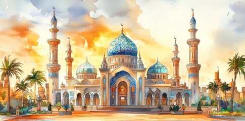 Watercolor Painting of a Mosque with Blue Domes and Minarets