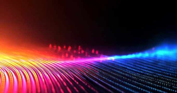 Colorful binary code with glowing lines in a digital background, symbolizing data flow and sound mixing, binary code, digital waves, tech design