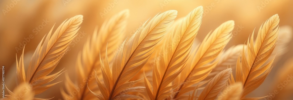 Poster a close up of a feather with a yellow background