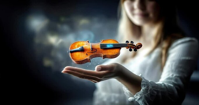 Woman holding a violin with floating digital musical notes and data visualizations, representing sound design and mixing, violin art, data flow, music visualization