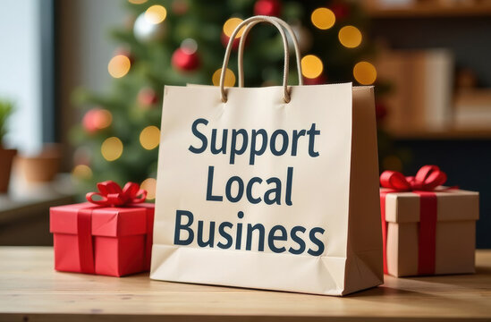 Support local business: festive gift bag with holiday background