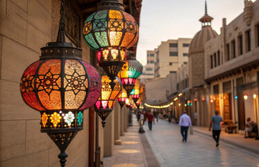 Vibrant street lanterns in an arabian market.