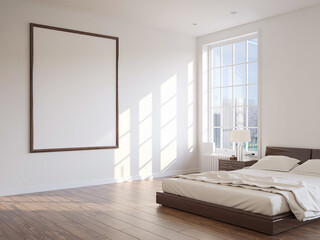 Minimalist bedroom with a large blank poster frame on a white wall, 3d rendering