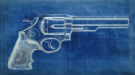 Blueprint of a revolver's cylinder and barrel assembly, rendered photorealistically with fine detail of the rotating mechanism