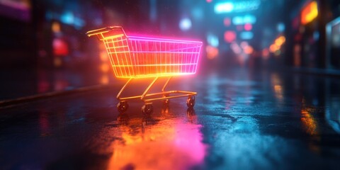 Neon shopping cart on a wet city street with blurred lights.