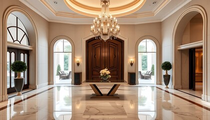 Luxury Foyer with Marble Floor and Crystal Chandel...