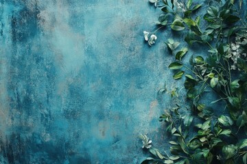 Blue background with leafy branches and white flowers.