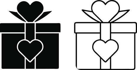 Heartshaped Gift Icons Black, White, Present, Love, Romance, Valentines, Celebration, Giftbox, Ribbo