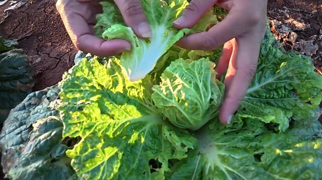 Hand inspects fresh cabbage in diseased plot : A close-up of hands carefully picking vibrant green Napa cabbage leaves from a field, showcasing the rich texture and vibrant color of this popular veget
