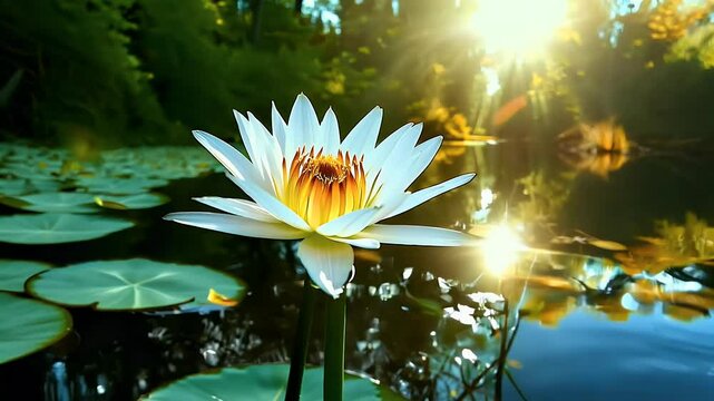 trees tranquil atmosphere summer forest light filtering canopy evokes magical serene pond setting nature water sunny tree plaster bandage moving shadow motion lotus flower natural background large