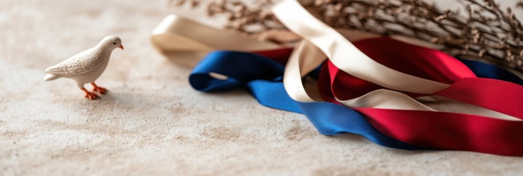 Russian unity day minimalist flat lay with flag colors and dove symbolism