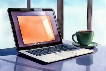 Fototapeta premium Watercolor painting of a laptop with soft colors, open on a table beside a coffee cup
