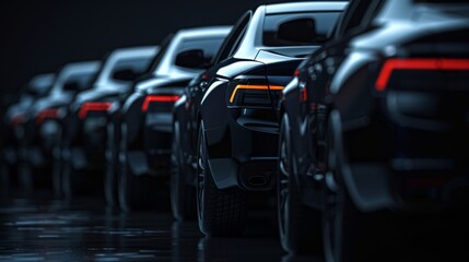 A row of elegant black cars in a parking lot. Black background.
