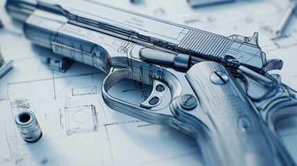 Close-up of a guns firing mechanism in photorealistic detail, showing the sear, trigger, and hammer components in a technical blueprint