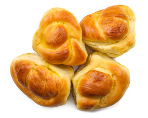 A few sweet homemade buns on a white background. Homemade pastries top view.
