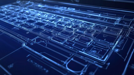 Naklejka premium Close-up photorealistic blueprint of a laptops keyboard, focusing on the key switches, membrane, and backlighting system